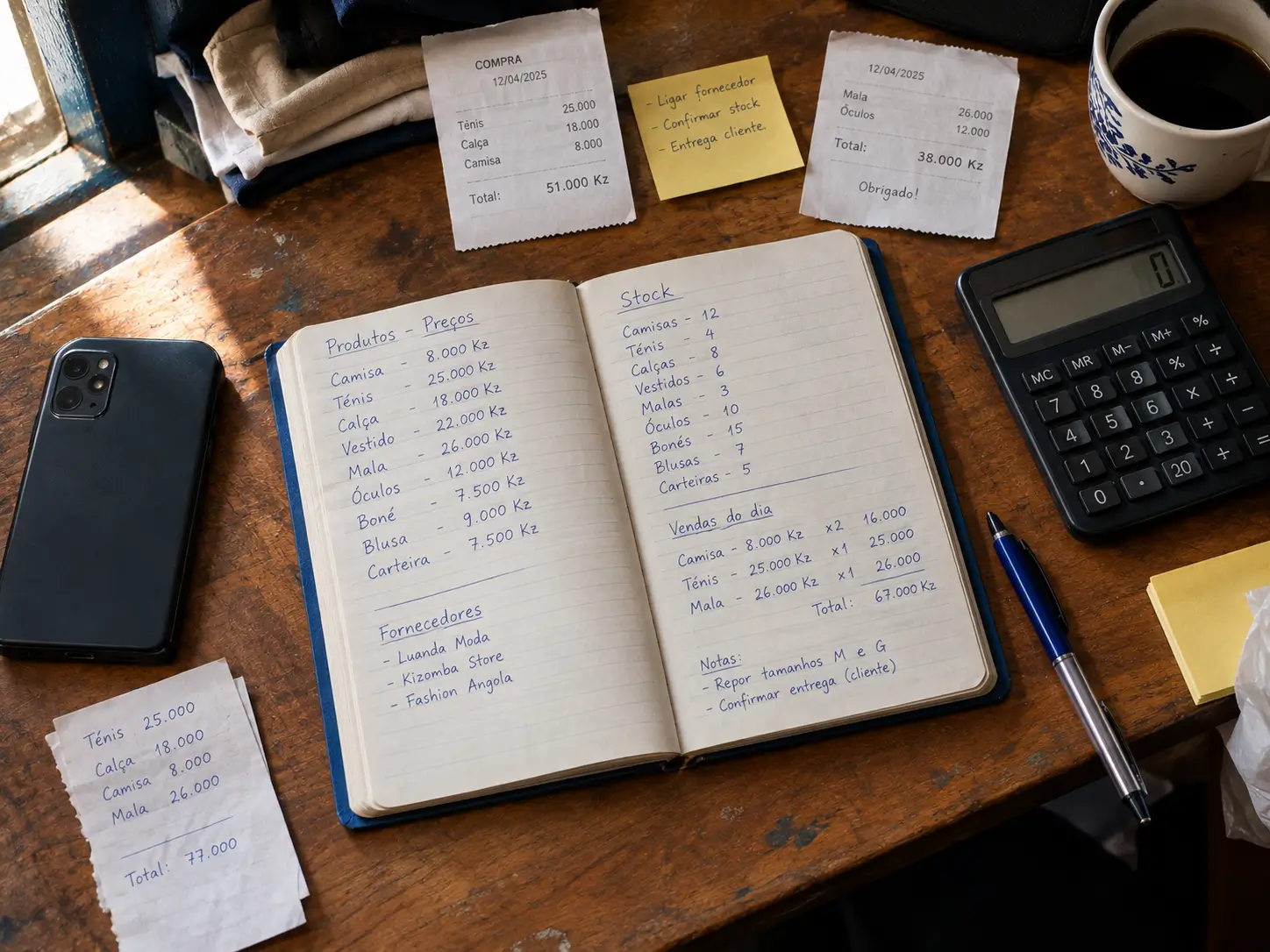 Caderno manuscrito com anotações de pedidos e calculadora